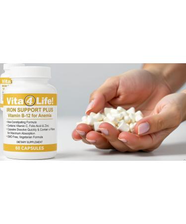 Vita4Life! Iron Support Plus - 40mg Iron with Vitamin C B-12 Folic Acid & Zinc - 60 Capsules - Non-Constipating Formula for Red Blood Cell Support & Energy - Vegetarian & GMO-Free - Buy Online on GoSupps.com