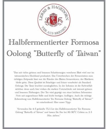  Lerbs & Hagedorn Lerbs & Hagedorn Semi-fermented Tea Formosa Oolong Butterfly of Taiwan | Note of Light Black Tea Pleasant Sweet Slightly Bread - 1kg (about 81 liters) - Buy Online on GoSupps.com