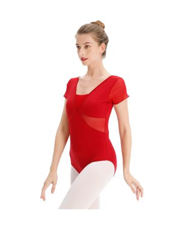 EASTBUDDY Ballet Leotards for Women Dance Leotard for Girls Short Sleeve Bodysuit with Removeable Bra Small Red