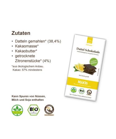 Makri Bio Dattel Chocolate - Vegan Fair Trade No Refined Sugar Lemon 57% (1 Board) - Sweetened with Dates for Healthy Indulgence - Buy Online on GoSupps.com