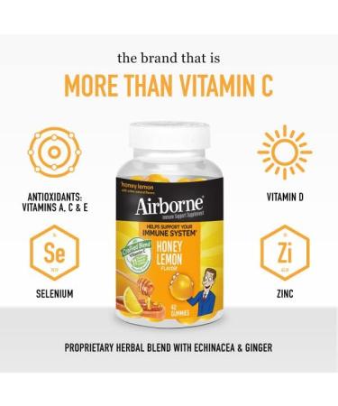 Airborne 200mg Vitamin C + Zinc Gummies for Adults - Immune Support Supplement (42 Gummies) - Honey Lemon Flavor - Antioxidant Vitamins A, C & E - Buy Online on GoSupps.com