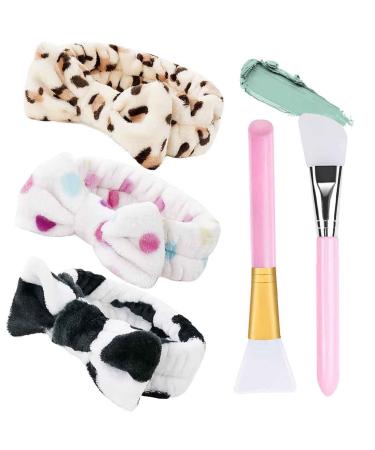 Makeup hair band fukpo 3 pieces women cosmetics hair band Bowknot headband with 2 silicone brushes mask brush face hair band loop elastic spa hair ripe for facial cleaning beauty yoga khaki leopard white black and white