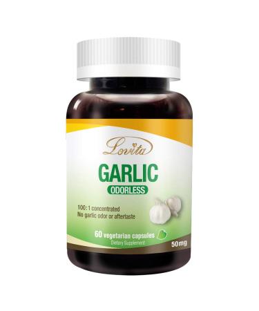 Lovita Odorless Garlic 5000mg Maximum Strength with 1.25% Allicin Powerful Immune and Cardiovascular System Support Formula 60 Vegetarian Capsules (2 Month Supply) 60 Count (Pack of 1)