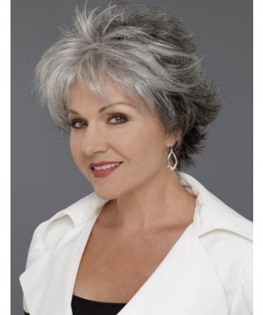 Short Gray Pixie Cut Wigs for White Women Silver Grey Curly Wig with Bangs Natural Wavy Synthetic Hair Wigs for Old Women