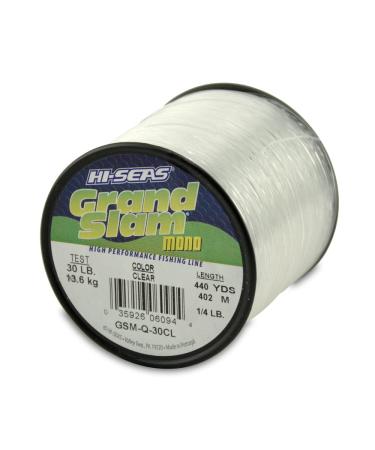 HI-SEAS Grand Slam Monofilament Fishing Line - Strong & Abrasion Resistant in Clear, Pink, Green, Smoke Blue, Fluorescent Yellow Freshwater & Saltwater  Quarter Pound Spool 30 Lb Test, 0.55 Mm Dia, 440 Yd Clear