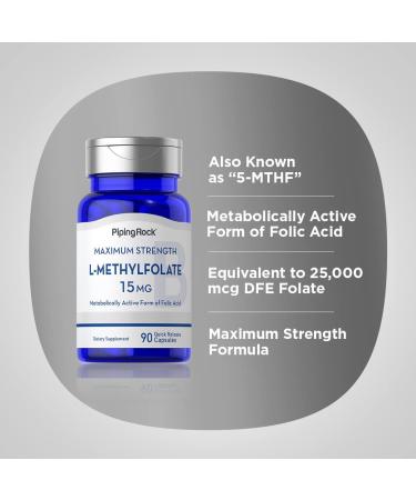 Piping Rock L Methylfolate 15 mg | 90 Capsules | Max Potency | Active Folic Acid Supplement | Non-GMO Gluten Free - Buy Online on GoSupps.com