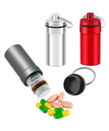 3 Packs Waterproof Aluminum Pill Fob Container, EFFIET Nitro Bottle Holder Nitroglycerin Pill Case Emergency Keychain Pill Holder for Medicine Organizer Dispenser (Silver-Matt-Red)