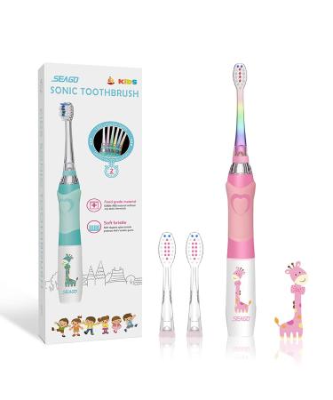 Kids Electric Toothbrushes,Sonic Battery Powered Tooth Brush with Smart Timer,Waterproof Deep Clean for Children and Toddlers Age 3+,Travel with 3 Soft Brush Heads,Cute Colorful LED Light (Pink)