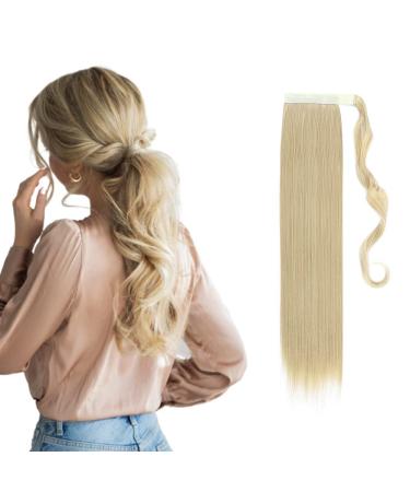 23" Long Straight Wrap Around Ponytail Clip in Hair Extensions One Piece Hairpiece Magic Tape in Pony Tail Extension for Women Ash Blonde mix Bleach Blonde