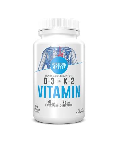 Portions Master Vitamin D3 + K2 Supplement, Bone and Heart Health Support, High Potency D3 5000 IU with Menaquinone MK-7, Non-GMO, Gluten-Free (60 Capsules)