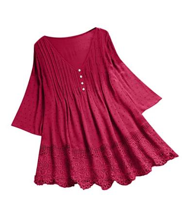 Women Vintage Three Quarter Lace V Neck Plus Size Top T Shirt Blouse Loose T Shirts Red XX-Large