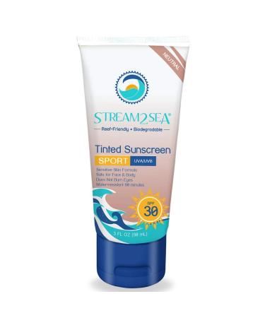 Tinted Sunscreen with SPF 30 All Natural  Biodegradable & Reef Safe| 3 Fl oz Non Greasy & Moisturizing Mineral Sunscreen For Face and Body Protection Against UVA & UVB by Stream2Sea 3 Fl Oz (Pack of 1) SPF 30