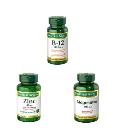 Nature's Bounty Vitamin B12 1000mcg 200 Ct & Zinc 50mg 250 Caplets & Magnesium 500 mg 200 Ct 200 Count (Pack of 1) Vitamin B12+Zinc+Magnesium Tablets