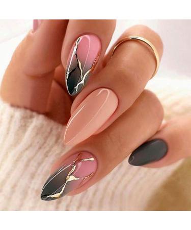 24Pcs Press on Nails Medium Almond Shape Fake Nails Acrylic False Nails Summer Reusable Ombre Artificial Nails for Women and Girls