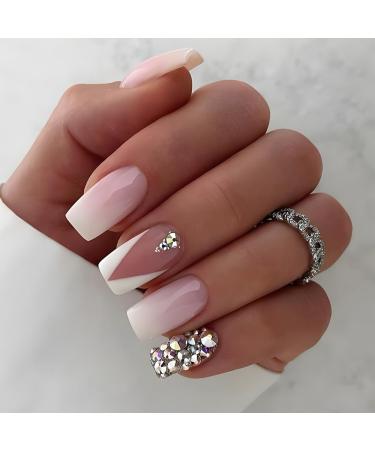 French Tip Press on Nails - Short Square Press On Nails with Nail Tips Pink white gradient silver glitter Rhinestones false nails press on nails Acrylic False Nails Cute Artificial Nails