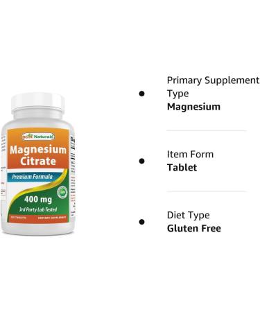 Best Naturals Magnesium Citrate 400mg - 250 Tablets | 400mg Elemental Magnesium | High Potency Supplement - Buy Online on GoSupps.com