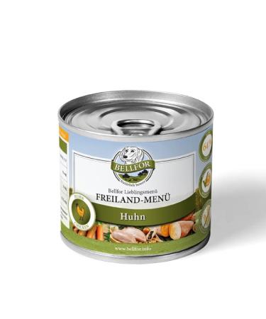 Bellfor Freiland-Menü is a grain-free wet food for dogs based on chicken, weighing 200g, without grains or added sugar.