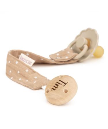 AngelicArt pacifier strap with engraved name for boys and girls - large selection of colors - gift for baby (natural dotted)