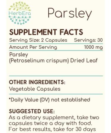 HerbEra Parsley 60 Capsules, 500 mg, Made with Parsley (Petroselinum crispum) Dried Leaf (60 Capsules) 60 Count (Pack of 1) - Buy Online on GoSupps.com