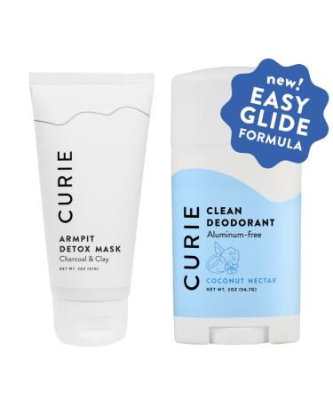 Curie Aluminum Free Deodorant - New Easy Glide Formula - Natural Deodorant Paraben Free Cruelty Free Non-Toxic Coconut Nectar 2oz Stick and Armpit Detox Mask Coconut Nectar + Pit Mask