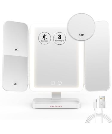 Large Makeup Mirror Vanity Mirror with Lights 1x/2x/3x/10X Magnification Trifold with 72 Super Brightness 3+ LED  USB Charging  180 Degree Adjustable Cosmetic Lighted Up Mirror ( Long Battery Life) White-rechargeable-350...