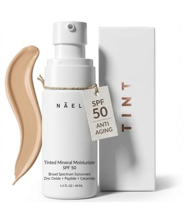 NAELI Anti Aging Tinted Moisturizer SPF 50 Mineral Sunscreen for Face with Zinc Oxide Peptides & Ceramides Natural Hydrating Universal Tint - 1.4 oz Medium