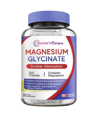Doctor's Recipes Magnesium Glycinate for Men & Women  100mg Elemental Mag  90 Caps  Amino Acid Chelated  High Absorption  Easy on Stomach  Calm  Bone  Muscle  Heart  Energy  Nerve  Sleep  No Gluten