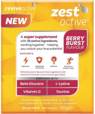 Zest Active Super Supplement by Revive Active - Advanced 25 Active Ingredients in One Daily Multivitamin Sachet - Daily Boost Supports Energy Immune System Brain & Muscle Function - 30 Day Supply Berry Burst