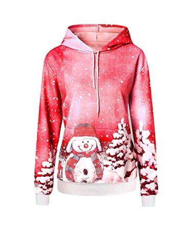 WUAI Women's Ugly Christmas Tree Hoodies Casual Long Sleeve Snowman Reindeer Snowflake Xmas Holiday Tunic Sweatshirt Red Small