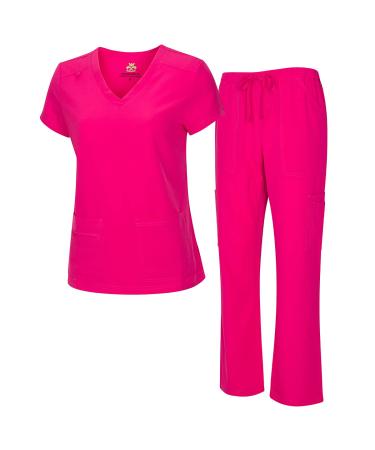 M&M SCRUBS Women's Breathable Cool Stretch Fabric Scrub Top and cargo Pant Set Hot Pink Medium
