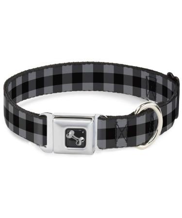 Dog Collar Seatbelt Buckle Buffalo Plaid Black Gray 15 to 26 Inches 1.0 Inch Wide L - Fits 15-26