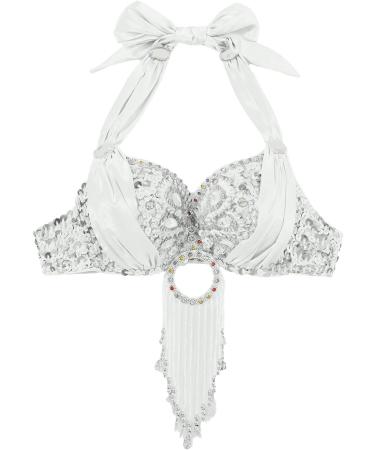ACSUSS Women Belly Dance Costume Halter Bra Top with Rhinestone Tassel Sequins - White - Buy Online on GoSupps.com