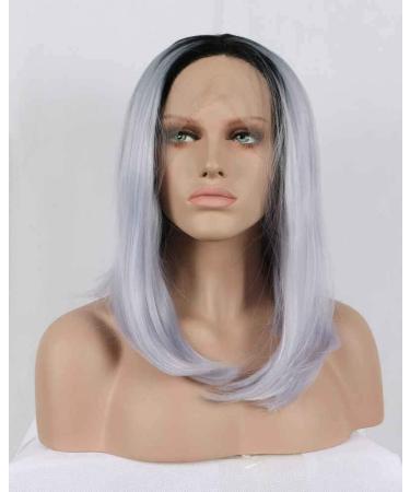 Natural Purple Bob Wigs for Women Shoulder Length Pastel Taro Ombre Dark Roots Heat Resistant Fiber Synthetic Lace Front Wigs for Women Female Summer Haircut Replacement Short Bobs 14" Ombre Light Purple
