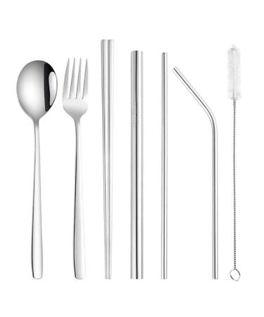 fublousRR5 Cutlery Set 8Pcs Stainless Steel Tableware Kit Chopsticks Spoon Fork Straws Cutlery Set Portable Silver