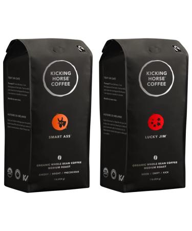 Kicking Horse Coffee Smart Ass Medium Roast Whole Bean 1 lb & Lucky Jim Medium Roast Whole Bean 1 lb - Certified Organic Fairtrade Kosher Coffee 454 g (Pack of 1)