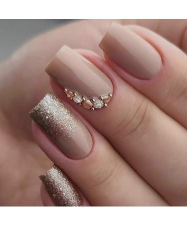 Mouyouglow Press on Nails Kurz Square Dark Nude Gold Glitzer Rhinestones Fake Nails Art Nails with nail glue brown monochrome artificial fingernails T11