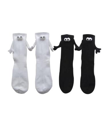 LELEBEAR Couple Holding Hands Socks Mid-tube Socks 3d Doll Couple Socks Funny Couple Holding Hands Sock (black+White 2PCS) 5.5-6 Black+white
