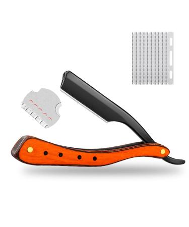 Manual shaving razors redwood handle shaver men's shaving razor Professional barber Hair cut razor .Salon eyebrow trimming knife Straight Razor with 10 pieces finer plume-cut blades platinum coated edge. (black)