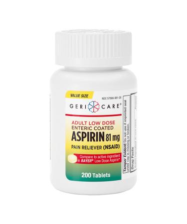 GeriCare Aspirin 81mg Adult Low Dose, Pain Reliever - Enteric Coated Tablets for Enhanced Absorption and Gentle Digestion Supports Blood Flow, Reduces Inflammation, 200 Count (Pack of 1)