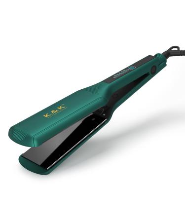 K&K 2.16 Hair Straightener for Thick Hair Extra Wide Flat Iron with Adjustable Temperature(248-450 ) Ceramic Coated Floating Panel 30s Fast Heating Dual Voltage for Thick Curly Hair Green 2 Piece Set
