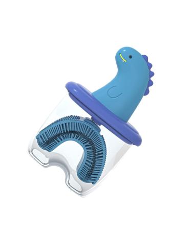 Kisangel Kids Manual Toothbrush U- Shaped Head Silicone Toothbrush Whole Mouth Cleaning Brush with Dust Cover Oral Teether Toy for Children 2-6 Years Blue Dinosaur