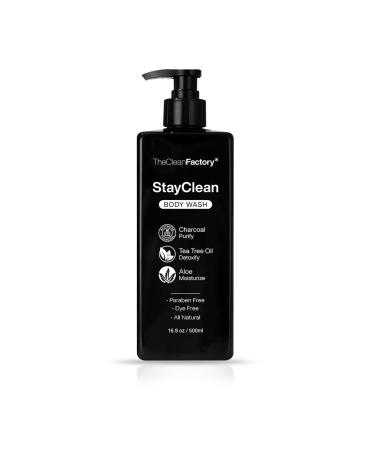 StayClean Mens Body Wash with Moisturizing 24Hr StayClean Technology. Activated Charcoal Tea Tree and Aloe. Paraben and Dye Free All Natural Shower Gel Soap w/Pump