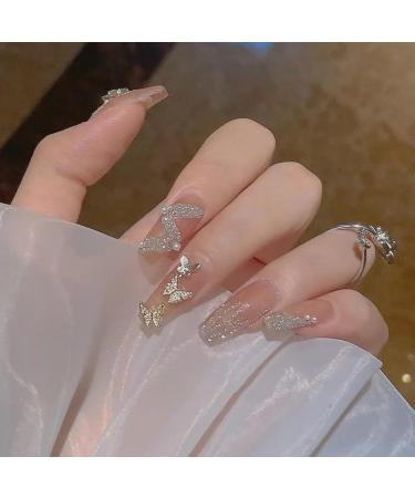 24Pcs/Set Press On Nails Long Fake Nails With Diamond Ribbon Butterfly Glitter Pink False Nails Acrylic Fake Nails Full Cover Nails Tips Artificial Finger Manicure Press on nails for Women and Girls
