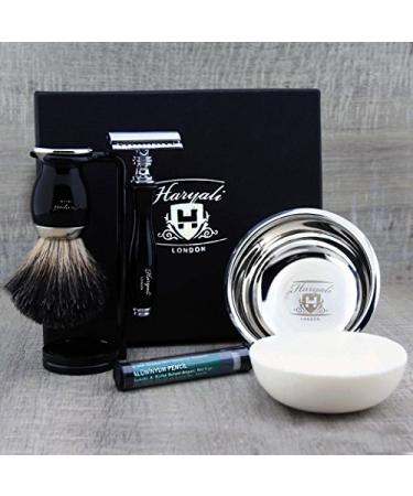 Classic Complete Men's Shaving Set ft Pure Black Badger Brush DE Safety (Blades NOT Included) Dual Stand Bowl & Soap