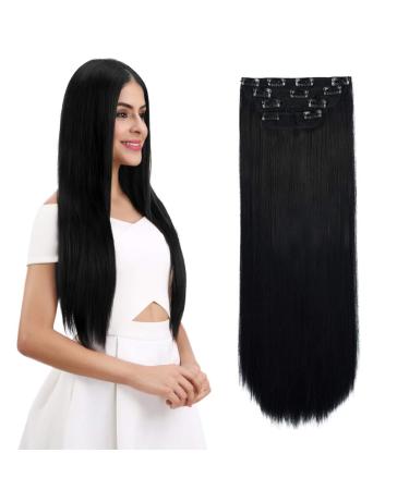 REECHO 28" Straight Super Long 4 PCS Set Thick Clip in on Hair Extensions Natural Black 28 Inch-320 Gram (Pack of 4) Natural Black - Straight