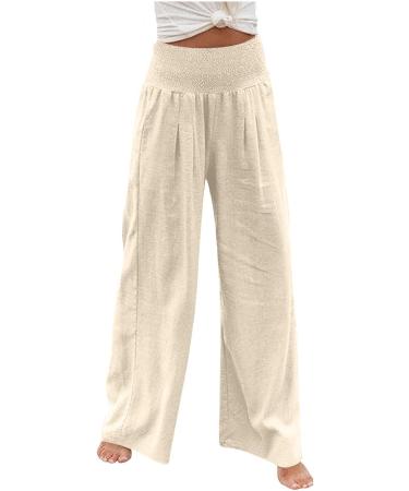 JEGULV Linen Pants for Women - High Waist Wide Leg Palazzo Lounge Pants - Khaki - Small - Buy Online on GoSupps.com