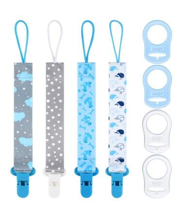 Aolso 4pcs Baby Pacifier Chain with 4pcs Adapters Silicone Dummy Clips Adapter Silicone Ring Adapter Baby Pacifier Holder Soother Clip Chain Straps Baby Teething Toys 4pcs-grey/blue