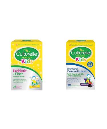 Culturelle Kids Probiotic + Fiber Packets (Ages 3+) - 24 Count - Digestive Health & Immune Support & Immune Defense Probiotic with Vitamin C Vitamin D and Zinc + Elderberry Non-GMO 4-in-1