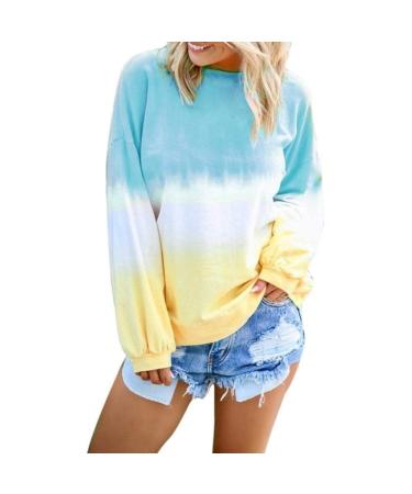 Bigfanshu Women's Print Harajuku Sweatshirts Pullover Cewneck Warm Tops Sweatshirt Tie Dyeing Gradient Hoodie Jumper Sky Blue