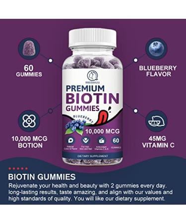 Biotin Gummies for Hair, Skin & Nails Growth - 10000mg Vitamins - Blueberry Flavor - 60 Count Vegan Pectin - Men, Women, Kids - Buy Online on GoSupps.com